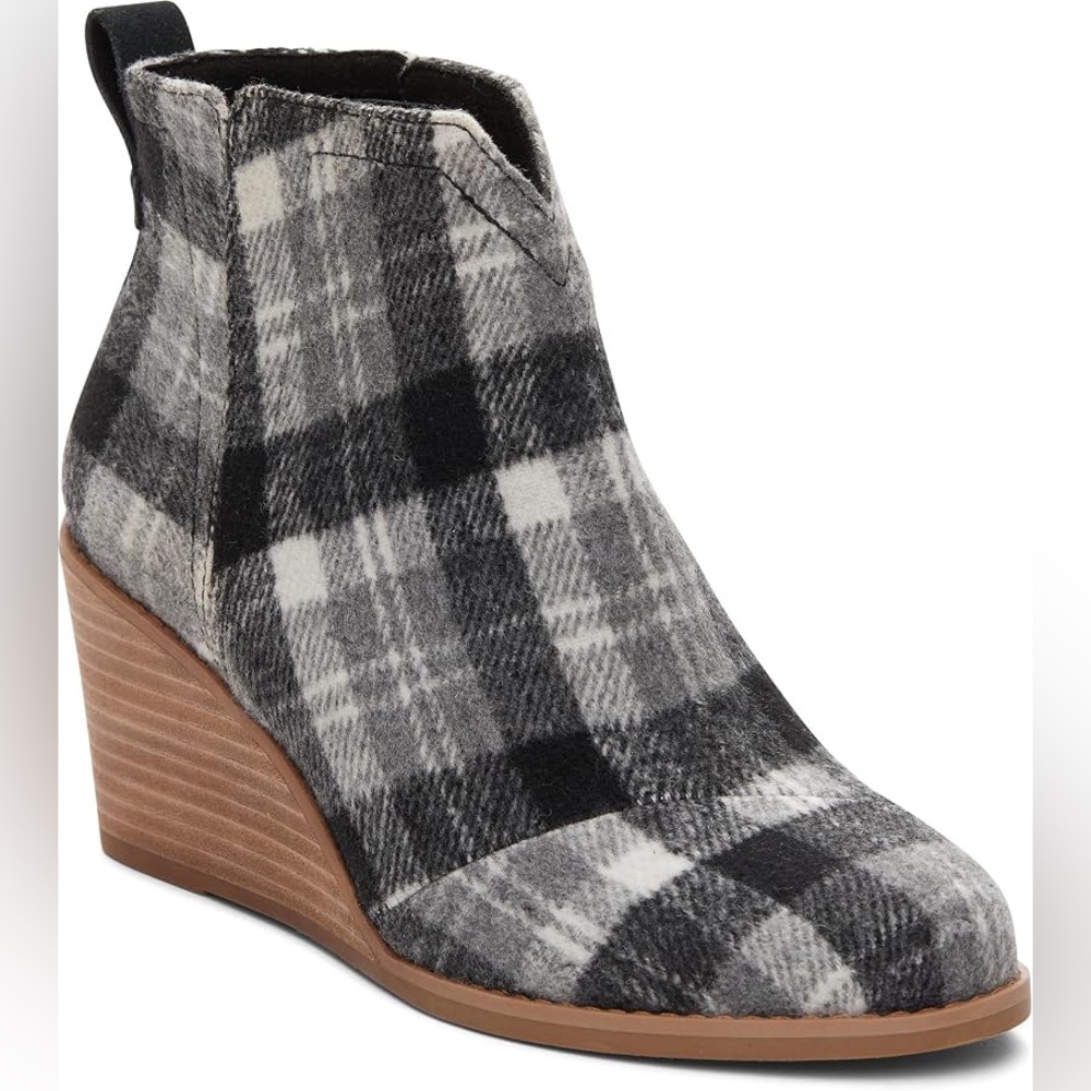 🆕 TOMS Clare Wedge Booties Women's size 11 Gray Black Plaid Shoes NEW